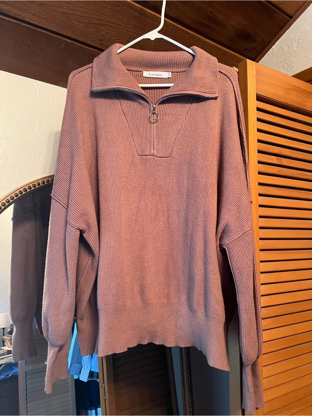 ANRABESS Ribbed Quarter-Zip Pullover in Mauve